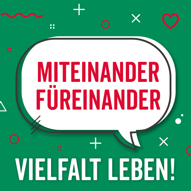Werbeanzeige der Volkssolidarität Leipzig mit dem Sölogan "Miteinander - Füreinander - Vielfalt leben!"